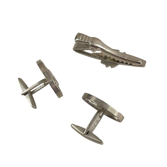 Vintage Triangle Silver Tone Cufflinks & Tie Clip Set Knight Design Mens Accesso - Picture 6 of 8